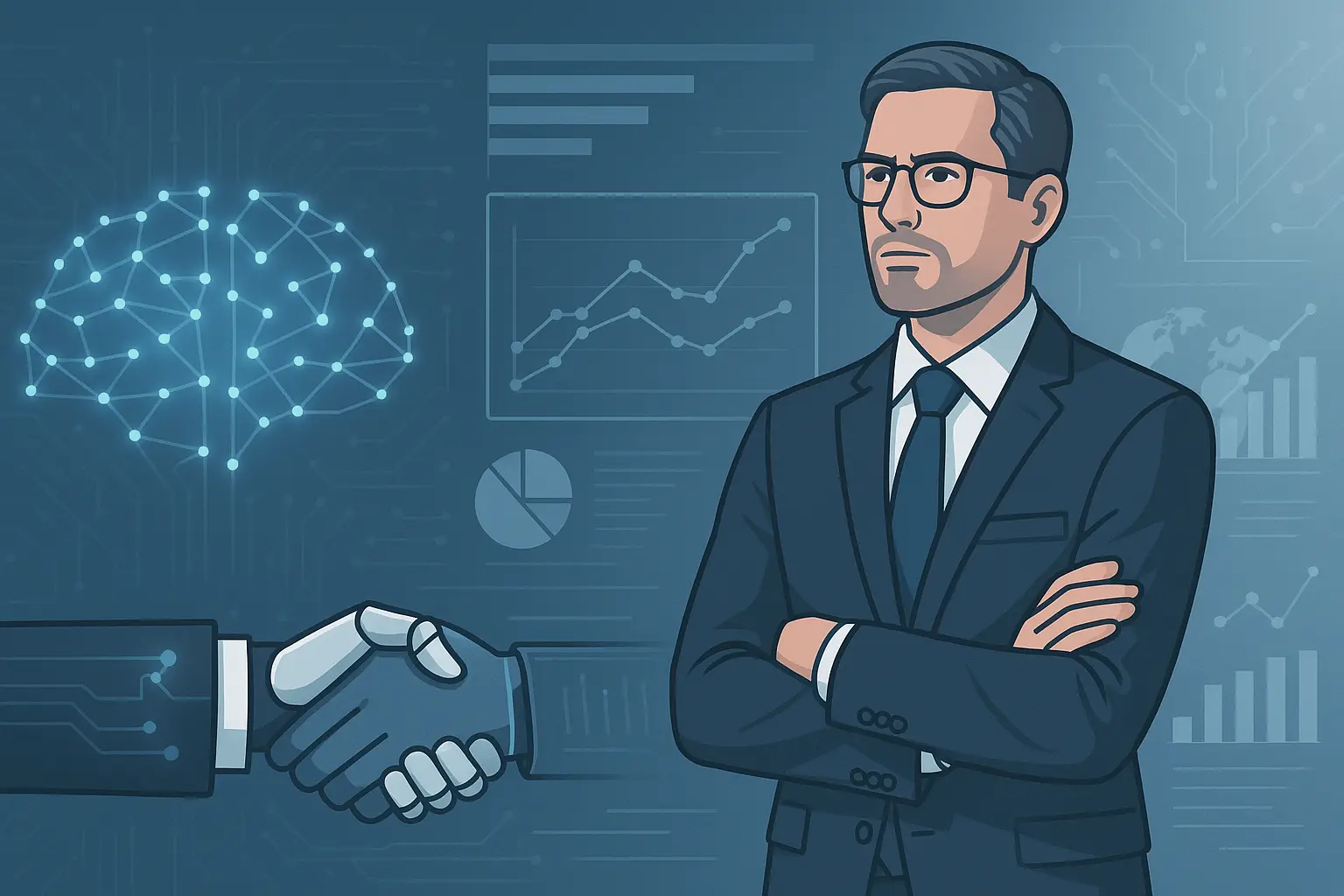 Professional blog banner showing a confident marketing executive in a suit standing with arms crossed in front of futuristic AI dashboards. The background features glowing neural network patterns, data charts, and circuit lines in shades of corporate blue, white, and grey, symbolizing the transition from traditional CMO to AI-driven leadership in 2025.