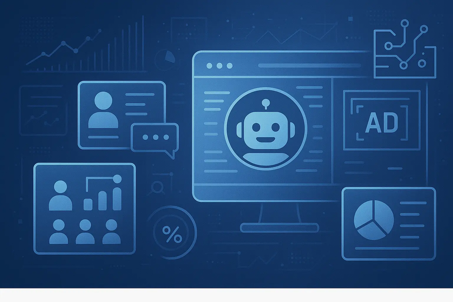 "Futuristic digital illustration showing an AI interface at the center, surrounded by icons representing user profiles, data analytics charts, segmentation, speech bubbles, and ad targeting. The design features a clean, minimal layout in shades of soft tech blue on a dark digital background."