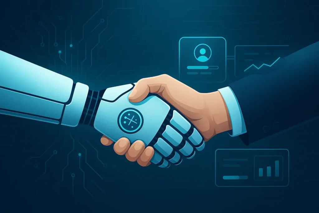 Futuristic digital banner showing a close-up handshake between a human hand in a business suit and a robotic hand with glowing blue accents. The background features subtle circuit patterns and transparent digital dashboard elements, representing AI integration and automation in business.