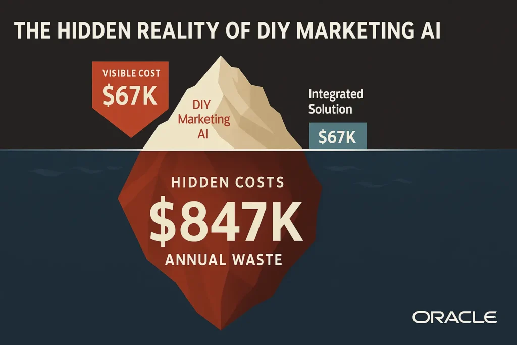 A professional 16:9 infographic titled “The Hidden Reality of DIY Marketing AI” using an iceberg metaphor. Above the water, a small visible section labeled “Visible Cost $67K” in red/orange represents DIY Marketing AI costs, contrasted with a green/blue “Integrated Solution $67K” label. Below the water, a large submerged red/orange iceberg section highlights “Hidden Costs $847K Annual Waste.” The design uses Oracle blue branding, clean executive typography, and a dark ocean background to emphasize financial impact.