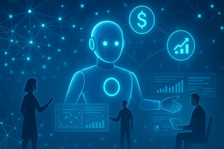 A futuristic digital illustration in 16:9 ratio showing an AI-powered humanoid glowing in neon blue, surrounded by holographic dashboards and icons for HR (user profile), Finance (dollar sign), and Sales (growth chart). Human silhouettes collaborate with the AI assistant, while glowing neural network patterns connect the background, creating a clean, minimal, high-tech corporate aesthetic.