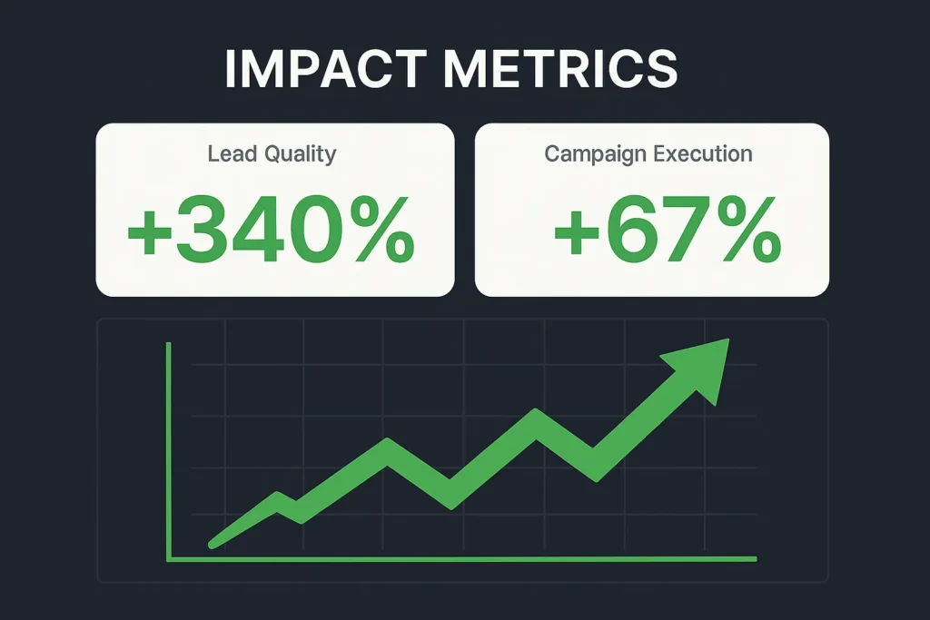 "Impact metrics chart showing +340% improvement in lead quality and +67% faster campaign execution with a green upward growth arrow on a dashboard-style visualization."