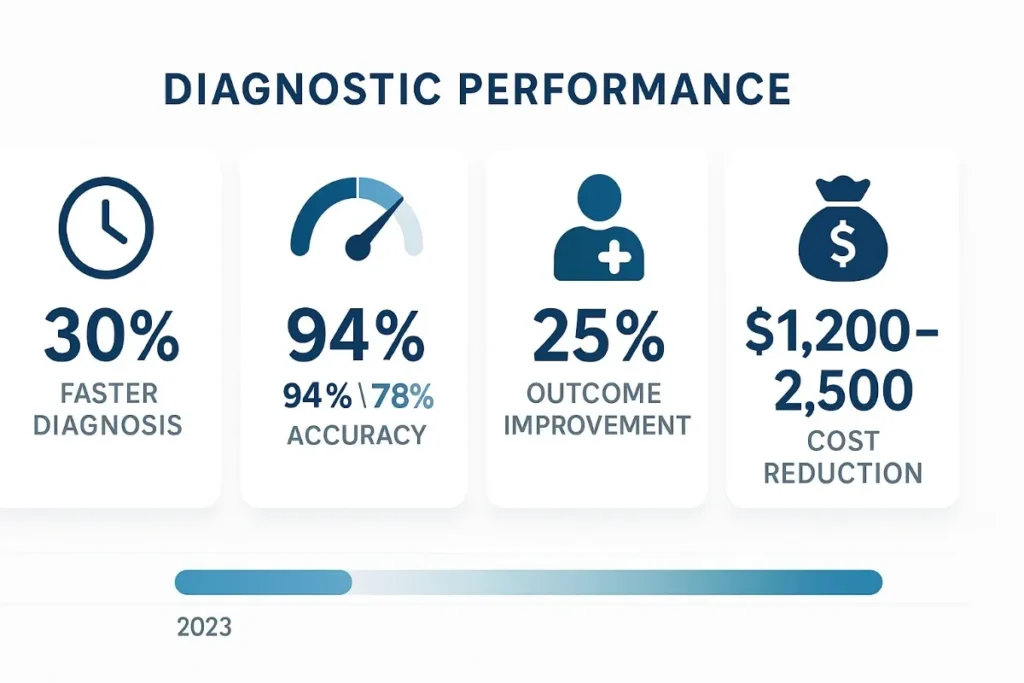 Infographic titled “Diagnostic Performance.” Four panels display AI-driven healthcare benefits: 30% faster diagnosis (clock icon), 94% accuracy (gauge icon), 25% outcome improvement (health icon), and $1,200–$2,500 cost reduction (money bag icon). Clean white and blue theme.


