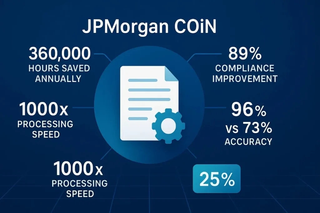  Infographic highlighting JPMorgan COiN AI platform benefits. Metrics include 360,000 hours saved annually, 1000x faster processing speed, 89% compliance improvement, 96% vs 73% accuracy, and 25% efficiency gain. Center graphic shows a document with gear icon on a blue background.
