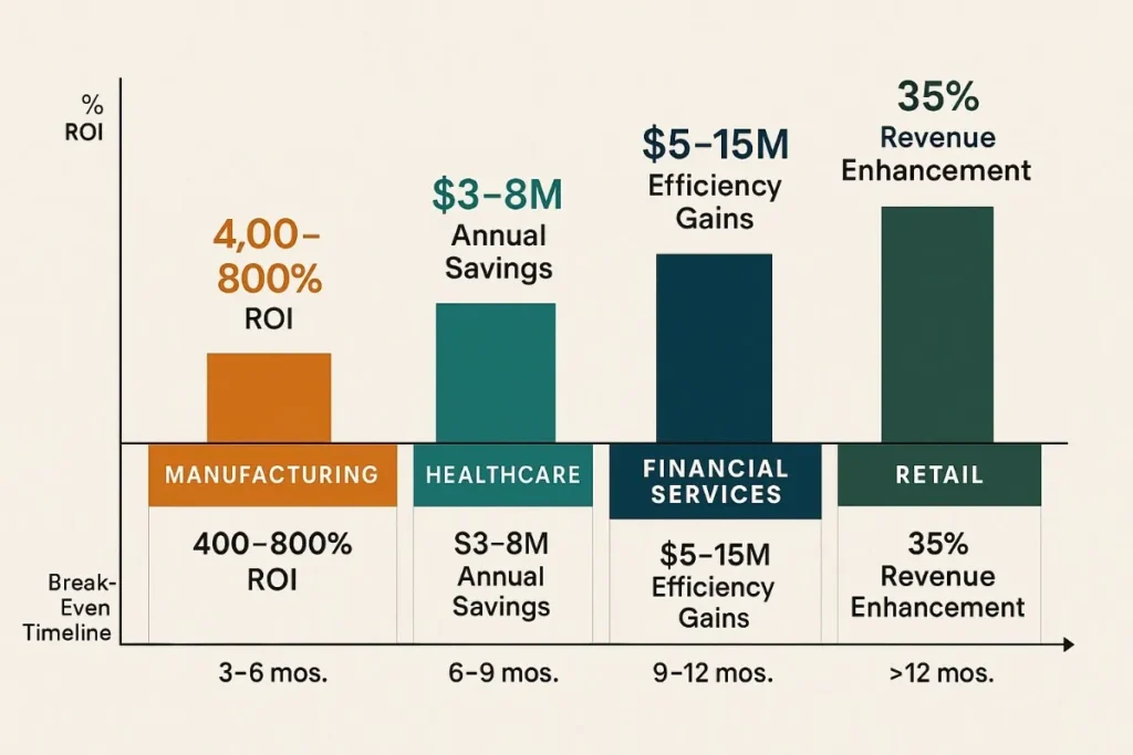  Bar chart showing ROI and benefits across industries. Manufacturing: 400–800% ROI in 3–6 months. Healthcare: $3–8M annual savings in 6–9 months. Financial Services: $5–15M efficiency gains in 9–12 months. Retail: 35% revenue enhancement after 12 months. Minimal beige background with colored bars.
