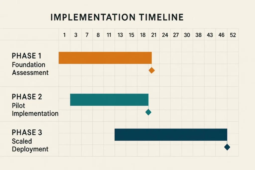 Gantt chart-style “Implementation Timeline” with three phases. Phase 1 (Foundation Assessment) spans weeks 1–21, Phase 2 (Pilot Implementation) spans weeks 7–21, and Phase 3 (Scaled Deployment) runs from week 13 to week 52. Orange and teal bars on a beige grid background.
