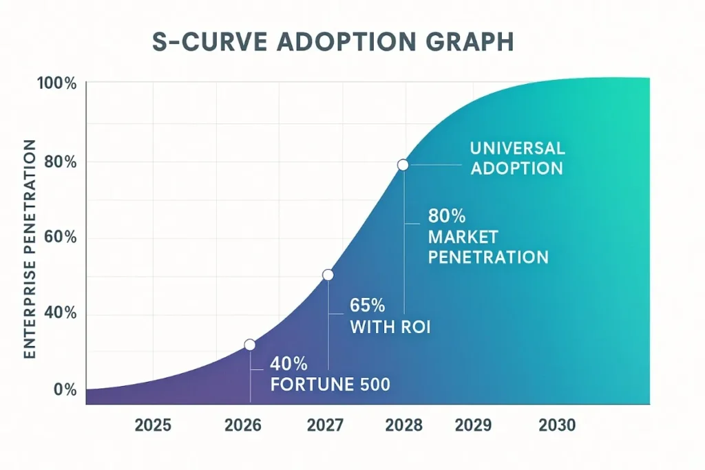 S-curve adoption graph from 2025 to 2030, showing enterprise penetration growth. Key milestones: 40% Fortune 500 adoption in 2026, 65% with ROI by 2027, 80% market penetration in 2028, and universal adoption by 2030. Gradient blue-green chart.
