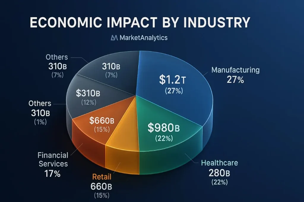 A 3D pie chart infographic titled “Economic Impact by Industry.” Sectors include $1.2T manufacturing (27%), $980B healthcare (22%), $660B retail (15%), $310B financial services (17%), and smaller “others” categories. Blue and orange gradient design.

