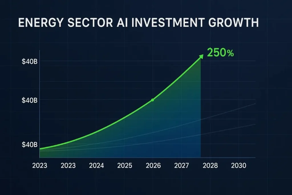 A line chart showing “Energy Sector AI Investment Growth.” The graph highlights a projected 250% increase in investments from 2023 to 2028, rising from $40B to over $120B. Neon green growth curve on a dark grid background.
