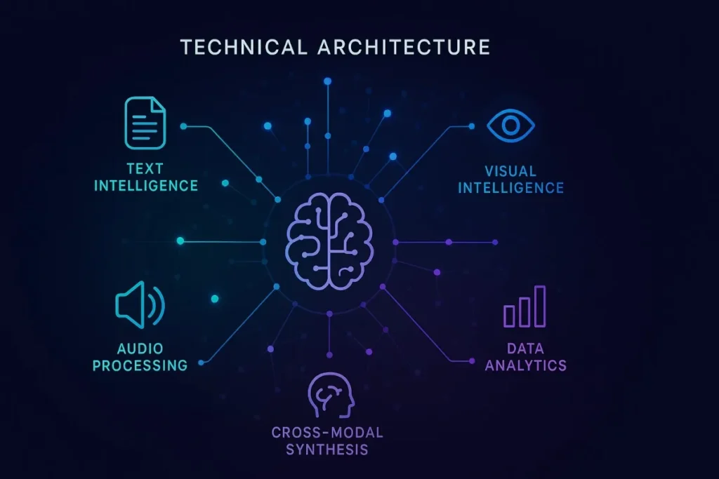 Infographic titled “Technical Architecture” with a glowing brain at the center. Surrounding it are labeled nodes: text intelligence, audio processing, cross-modal synthesis, data analytics, and visual intelligence. Gradient blue-purple futuristic style.

