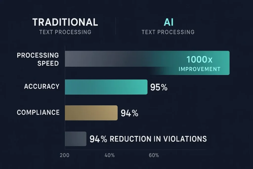 Horizontal bar chart comparing traditional vs AI text processing. AI shows massive improvements: 1000x faster processing speed, 95% accuracy, 94% compliance, and 94% reduction in violations. Gradient teal and gray bars on dark background.
