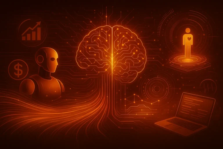 A futuristic digital illustration in 16:9 ratio showing the $4.4 trillion AI revolution. At the center, a glowing orange neural brain made of circuit patterns connects to multiple industries. On the left, a humanoid robot and dollar symbol represent finance and technology, while flowing data streams ripple across the scene. On the right, a holographic human figure with a heart icon symbolizes healthcare, and a laptop with glowing code represents digital innovation. The entire design uses a deep black background with vibrant orange and red neon highlights, creating a cinematic, high-tech aesthetic.